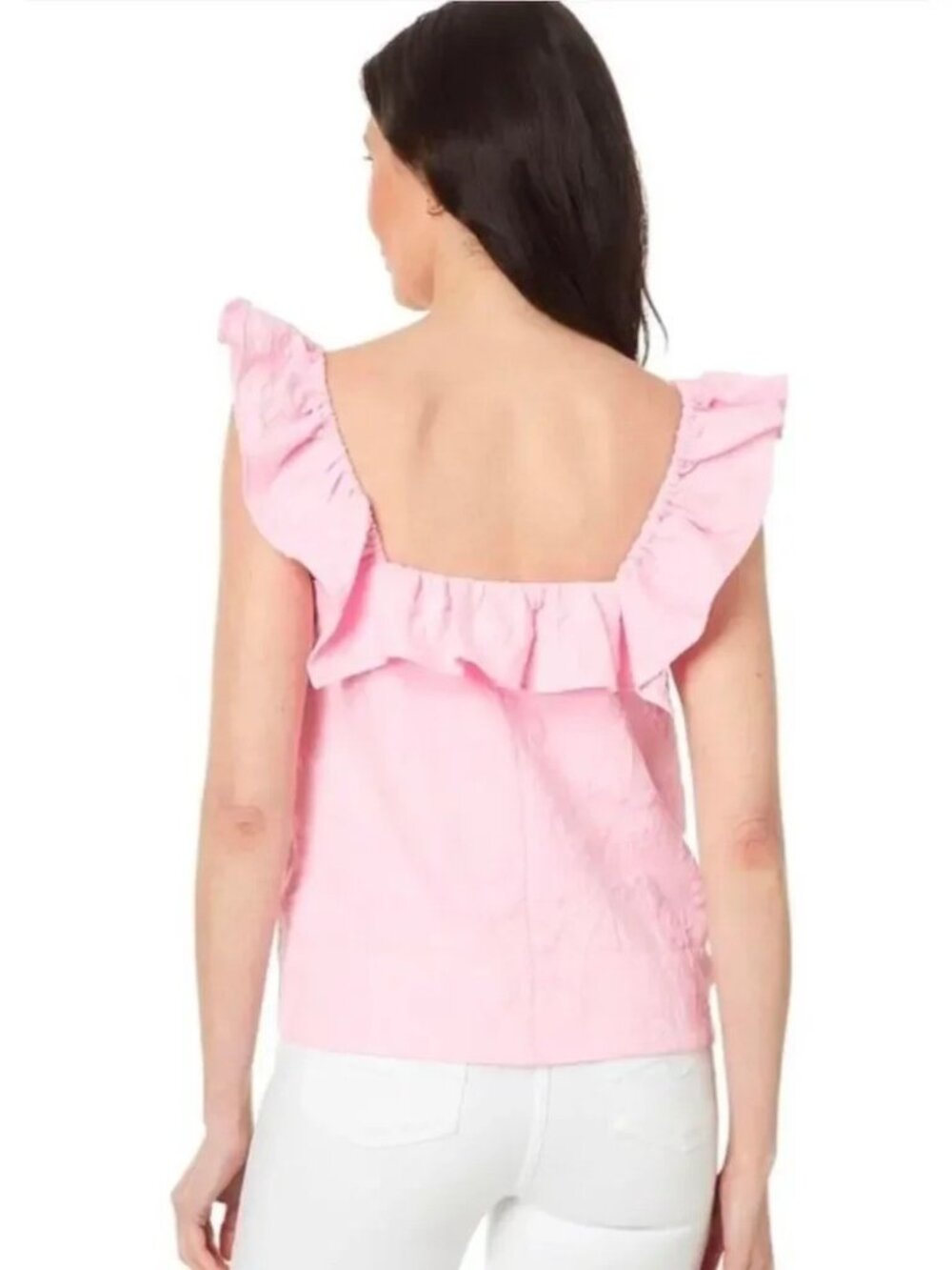 Lilly Pulitzer Zoya Ruffle Top Caliente Pucker Jacquard Conch Shell Pink Size 6 - Picture 5 of 6